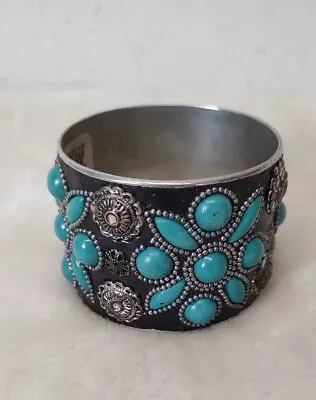 Southwest Bracelet Silver Pewter Tone Black Concho Faux Turquoise Wide Bangle • $12