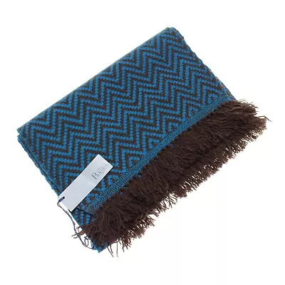 Bajra NWT Wool/Silk Blend Scarf In Teal Blue/Brown Chevron With Fringe • $247.49