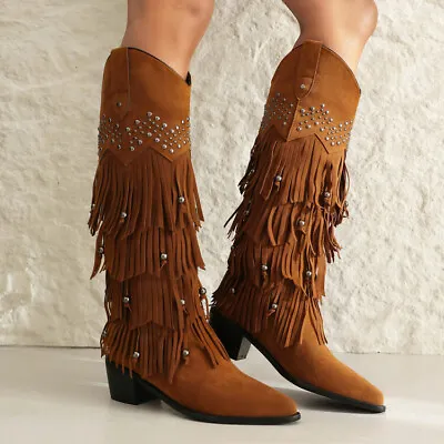 Vintage Tassel Boots Womens Block Heel Pointy Toe Pull On Cowboy Knee High Boots • £76.62