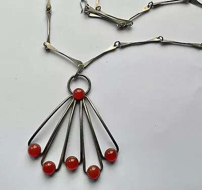 LOVELY Vintage MODERNIST Sterling Silver CARNELIAN Stone Bead NECKLACE • $49.99