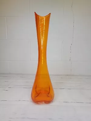 Vintage Lefton Japan Art Glass Tangerine Orange Tall Swung Vase 15”T 3.5”W • $27