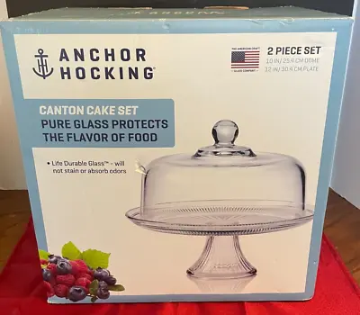 New Anchor Hocking Canton Glass Punch Bowl Cake Set Plate Stand Dome Cover USA • $39.74