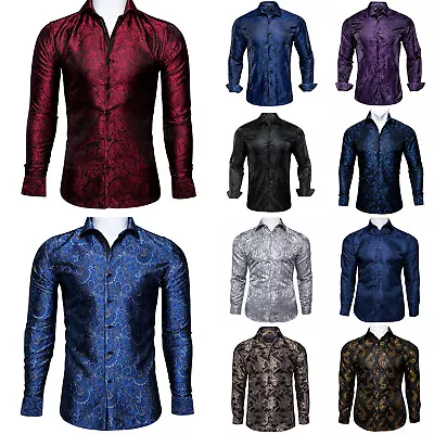 Mens Dress Silk Shirt Long Sleeve Green Blue Paisley Casual Button Down Shirts • £20.99