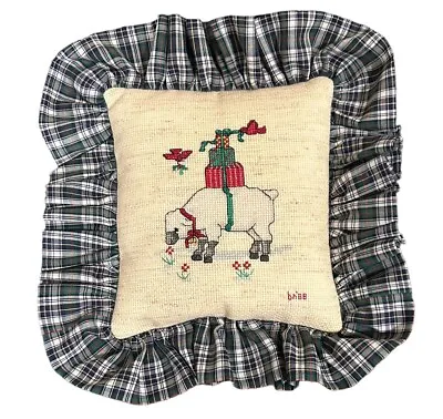 Vtg Christmas Throw Pillow Sheep Lamb Gifts Cross Stitch Small Complete 9x8 • $19.99