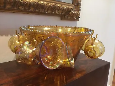 Gorgeous Indiana Amber Iridescent Carnival Glass Punch Bowl With 10 Glasses • $125