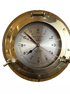 Vintage Bell Clock Company ~ Nautical Ship's Porthole Brass & Oak Wall Clock • $37