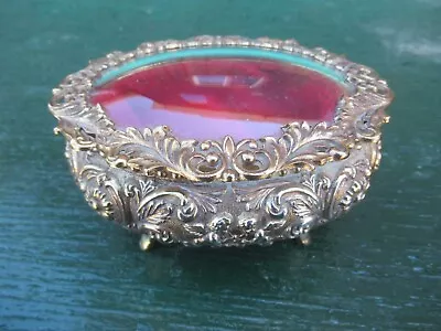 Vintage Antique Brass Glass Jewelry Trinket Footed Box • $49.99