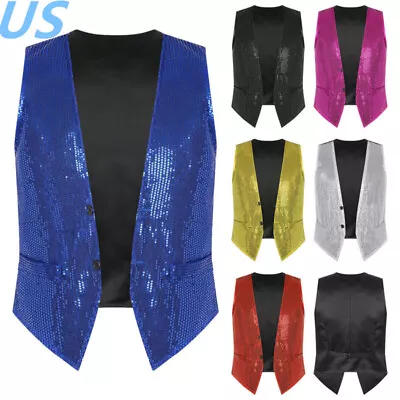 US Mens Shiny Sequin Sleeveless Jacket Disco Jazz Hip Hop Tuxedo Waistcoat Vest  • $14.22