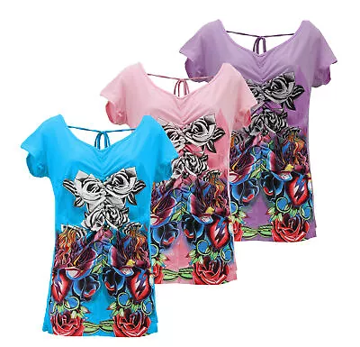 Women's Christian Audigier Colorful Floral Tattoo Ruched Metallic T-Shirt • $18.89