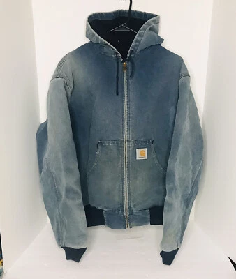 $119.95 • Buy Vintage Carhartt Duck Thermal Lined Hooded Zip Up Jacket Distressed Blue Large