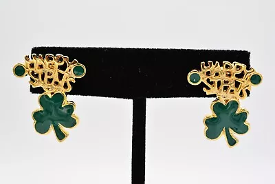 Vintage Earrings Dangle Green Gold Shamrock Happy St. Patrick's Pats 80s BinA6 • $15.96