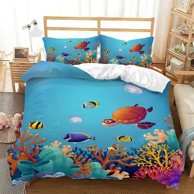Ocean Cartoon Turtles Fish Print Duvet Cover Quilt Cover Pillowcase Bedding Set • $83.68