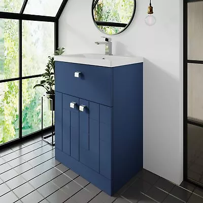Nuie Blocks Floor Standing 2-Door 1-Drawer Vanity Unit Basin-2 600mm Satin Blue • £274.95