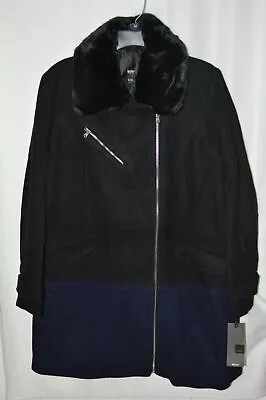 Mossimo Women's Black/Navy Faux Fur Collar Wool Blend Long Coat - Size M/L NWT • $44.99