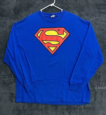 Vintage Superman Tee Men's 2XL Blue Long Sleeve Shirt Big Logo DC Comics 90's • $18.95