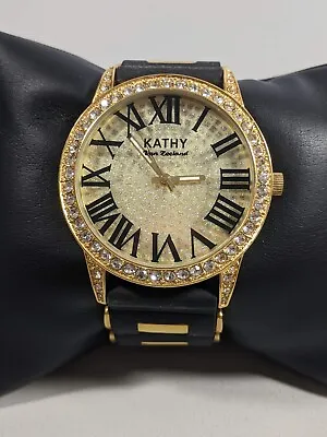 Kathy Van Zeeland Crystal Accent Round Gold Tone Case Black Studded Band Watch • $20.99