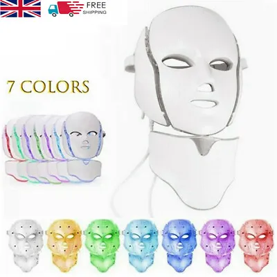 7 Colors LED Light Photon Neck Face Mask Rejuvenation Skin Therapy Wrinkles UK • £28.99