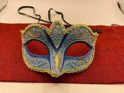 Adults Blue And Gold Trim Venetian Masquerade Half Mask Costume Accessory • $5