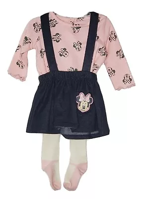 Minnie Mouse LT Pink 3 Piece Jumper Dress Top Tights Girls Baby 0-3 Months  • $15.68