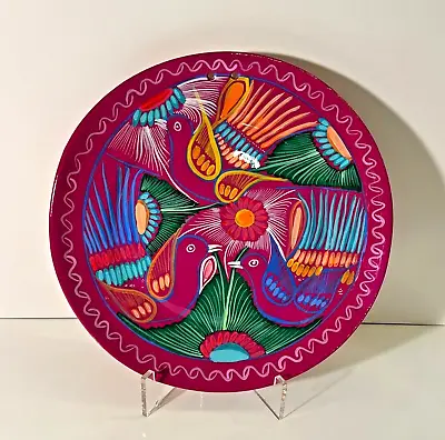 Mexican Folk Art Plate BIRD Motif Vibrant Colors Pink Hand Made Redware Clay 11  • $19.95