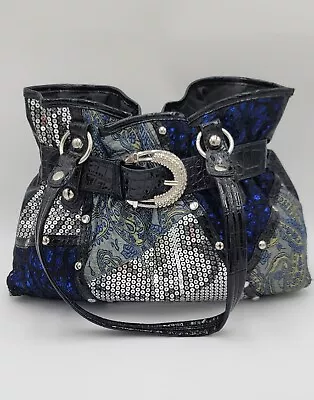 Steampunk Blue With Sequin Studded Lace Embossed Faux Croc Leather Shoulder Bag  • $16.99