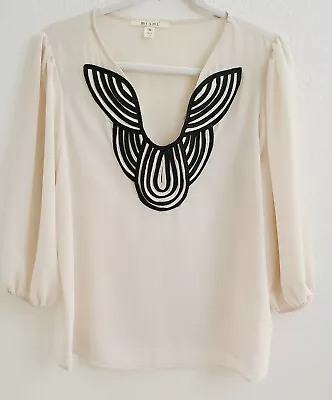 Miami Ivory & Black Embroidered 3/4 Sleeve Flowy Blouse Sz M • $14.99
