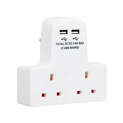 2 Way Gang Plug 13A Wall Socket Adaptor 2x USB Charge Ports 2.4A  • £7.99