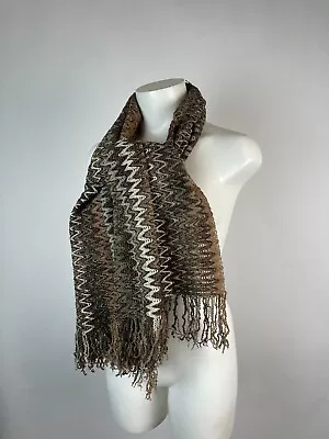 MISSONI - Fringed Open Weave Light-weight Brown Zig Zag Scarf ITALY 60  X17.5  • $60
