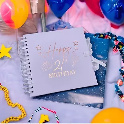 21st Birthday Present White Scrapbook Guest Book Photo Album Rose Gold Script • £14.99