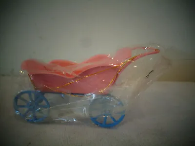 Taiwan Pink & Blue Tin Metal Baby Buggy Carriage Stroller Ornament Nip Dollhouse • $42.14