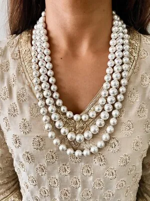 Multi 3 Row Strand Long White Faux Pearl Beads Chunky Necklace Layered Jewelry • £16.66