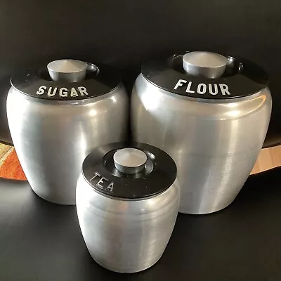 VTG Kromex Spun Aluminum 3 Pc Canister Set Tea Sugar Flour 1950’s • $29.99