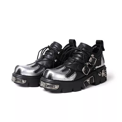 Men Carved Lace Up Punk Leather Shoes Metal Low Top Platform Shoes Gothic Shoes • £79.79