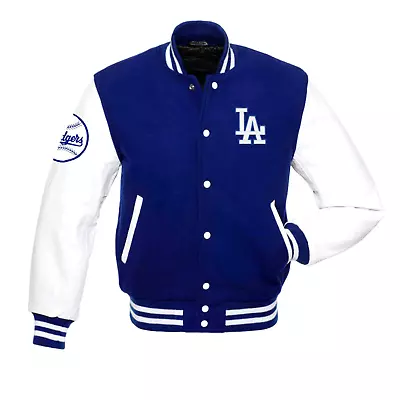 LA Dodgers Blue & White Varsity Jacket Original Wool & Leather Sleeves • $109.99