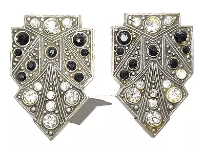 50-60s Retro Jazz Age Art Deco Geometric Earrings. Diamante & Black Pavé Stones. • £24.08