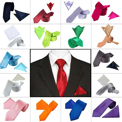 Men's Satin Polyester Necktie + Pocket Square Handkerchief Set Wedding Party UK • £3.49