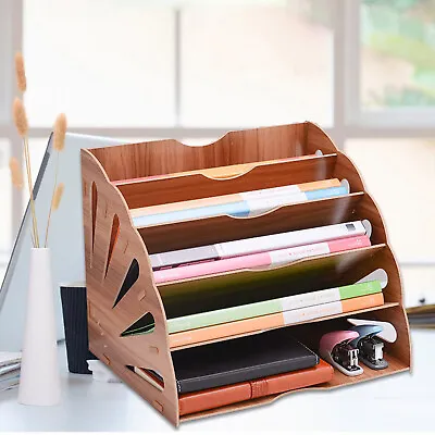 Fan-Shaped Desk File Organizer 5 Compartment Magazine Holder Brown Letter Tray • $19.95