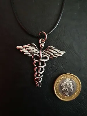 Ladies Silver Caduceus Medical Symbol Cord Necklace Double Serpent Of The Gods  • £4.79