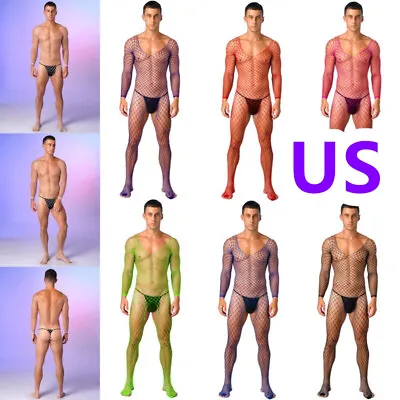 US Freebily Mens Bodystockings Crotchless Fishnet Long Sleeve Bodysuit Underwear • $6.50