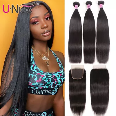 Mongolian Straight Human Hair Extension Bundles With HD Transparent Lace Closure • $176.22