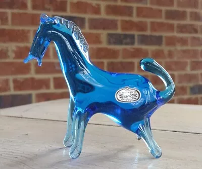 Vintage MCM RAINBOW ART GLASS Hand Blown Freeform HORSE Figurine BLUE W/ LABEL • $34.95