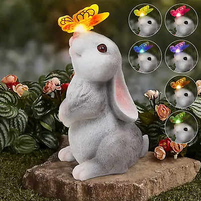 Sinhra Bunny Statue Decor-Rabbit With Solar Butterfly Changing Lights For Garden • $40.56