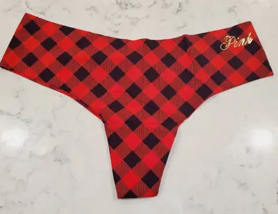 Victoria's Secret PINK No-Show Thong - Medium - VS Red Plaid Panty NWT • £10.61