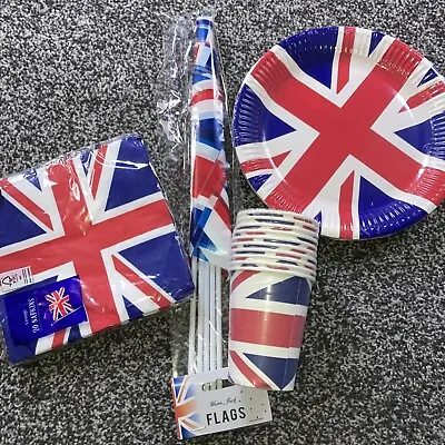 UNION JACK Party TABLEWARE SET Paper Plates Cups Napkins & Flag **B1** • £7