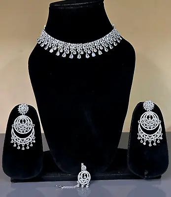 Indian Bollywood Bridal Set Gold Plated Jewelry Earrings CZ Ethnic AD Necklace • $35.19