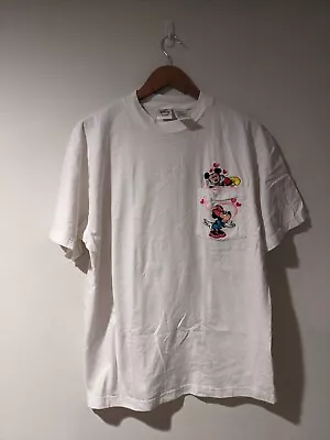 Vintage 90s Minnie And Mickey Mouse Love Hearts White Large T-Shirt • $19.99