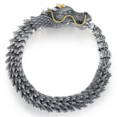 Men Silver Vintage Dragon Bracelet Unique Lucky Gift Bangle Hip Hop Jewelry Gift • $5.59