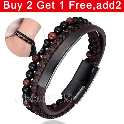 Mens Bracelets Braided Fashion PU Leather Bracelet Bangle Wrap Wristband Clasp • £4.45
