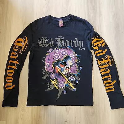 Ed Hardy Christian Audigier T-Shirt Mens Medium Black Long Sleeve Skull Velvet • $119