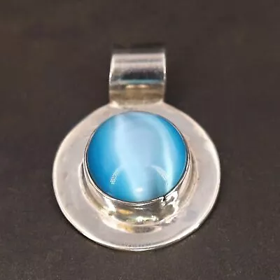 VTG Sterling Silver - MEXICO TAXCO Blue Cats Eye Cabochon Necklace Pendant -  9g • $10.50